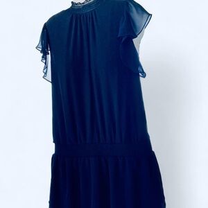 Navy Blue Ruffle Trim Dress with Sheer Shoulder Sleeves L 1.State
